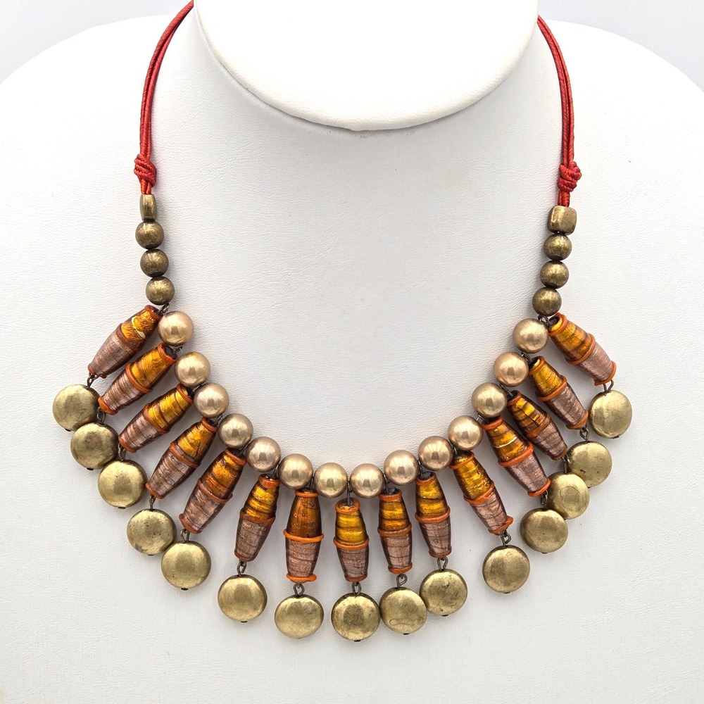 Chicos Red Cord Bib Necklace Gold Tone Orange Copper Foil Glass Beads Adjustable